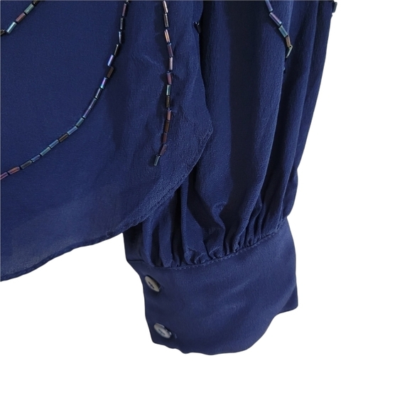 Vintage Argenti Notte Silk Blue Long-sleeve Beaded Pearl Evening Blouse - Picture 2 of 4